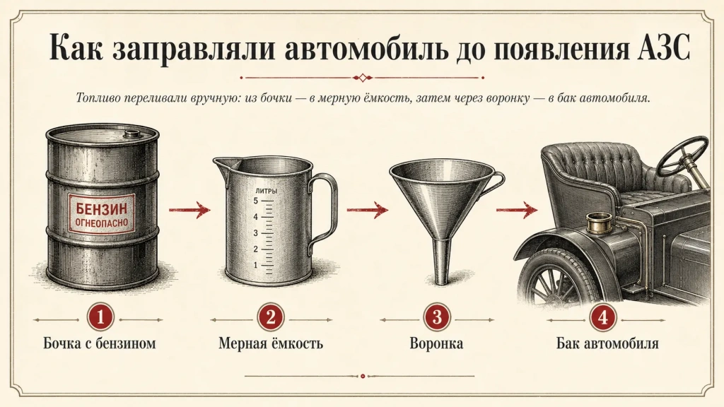 Как заправляли автомобиль до появления АЗС: бочка с бензином, мерная емкость, воронка и бак автомобиля